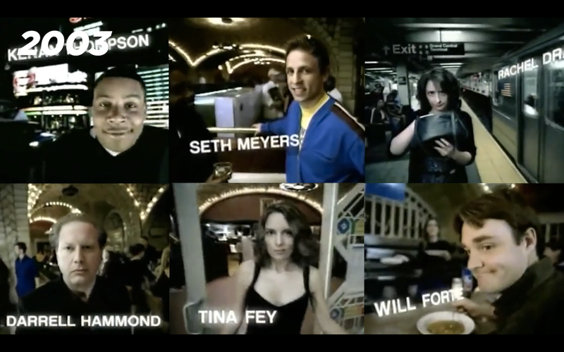 A collage of cast member shots from the SNL title sequence introduced in 2003.